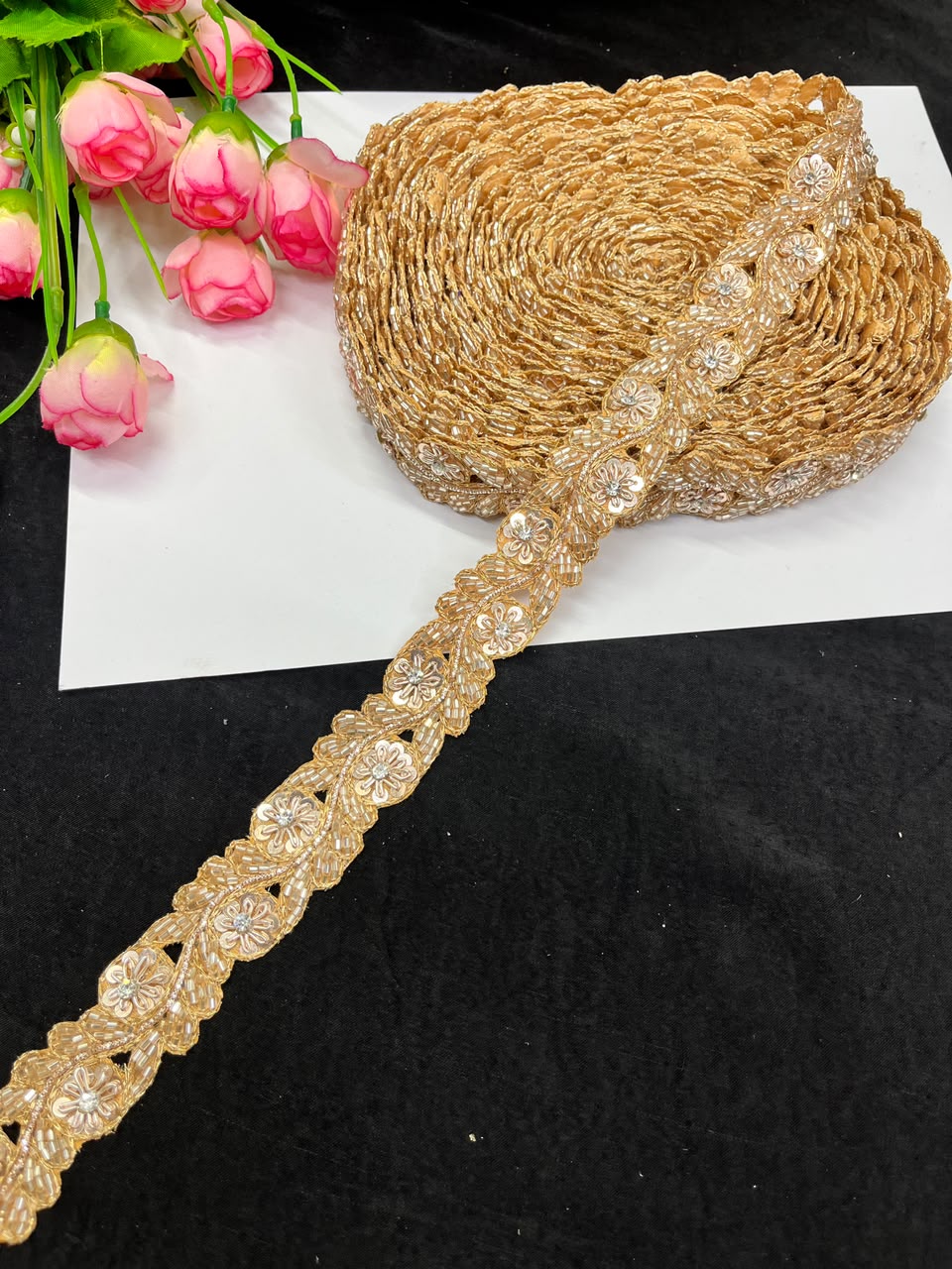 Handmade Cutdana Pipe Work Lace for Sarees, Lehengas, Dresses & Dupattas – Premium Handcrafted Embellished Lace Border (1 Inch) | DC1040 | Rose Gold