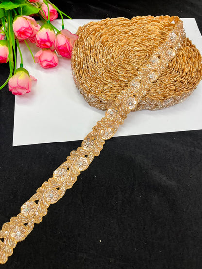 Handmade Cutdana Pipe Work Lace for Sarees, Lehengas, Dresses & Dupattas – Premium Handcrafted Embellished Lace Border (1 Inch) | DC1040 | Rose Gold