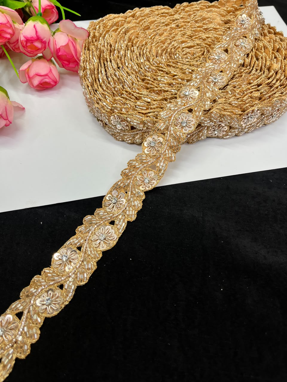 Handmade Cutdana Pipe Work Lace for Sarees, Lehengas, Dresses & Dupattas – Premium Handcrafted Embellished Lace Border (1 Inch) | DC1040 | Rose Gold