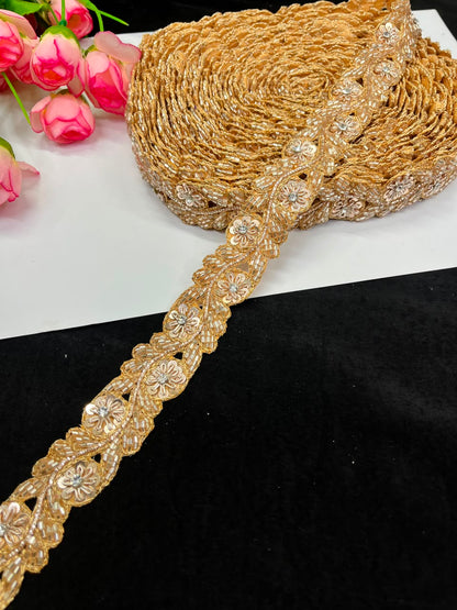 Handmade Cutdana Pipe Work Lace for Sarees, Lehengas, Dresses & Dupattas – Premium Handcrafted Embellished Lace Border (1 Inch) | DC1040 | Rose Gold