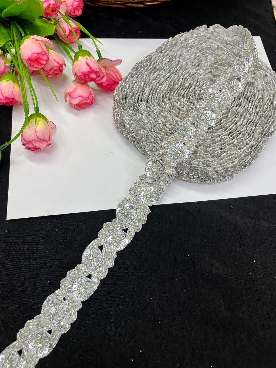 Handmade Cutdana Pipe Work Lace for Sarees, Lehengas, Dresses & Dupattas – Premium Handcrafted Embellished Lace Border (1 Inch) | DC1040 | Silver