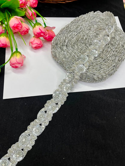 Handmade Cutdana Pipe Work Lace for Sarees, Lehengas, Dresses & Dupattas – Premium Handcrafted Embellished Lace Border (1 Inch) | DC1040 | Silver