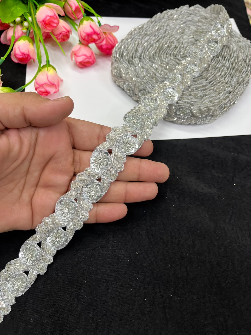 Handmade Cutdana Pipe Work Lace for Sarees, Lehengas, Dresses & Dupattas – Premium Handcrafted Embellished Lace Border (1 Inch) | DC1040 | Silver