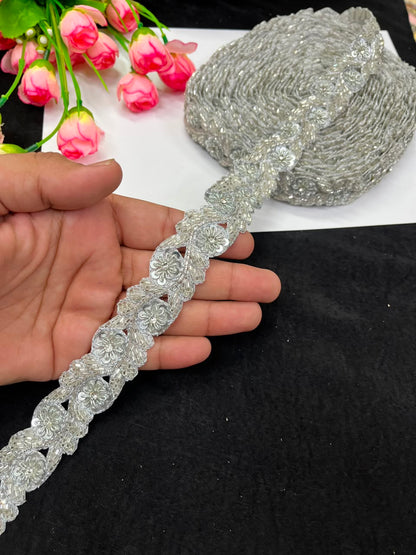 Handmade Cutdana Pipe Work Lace for Sarees, Lehengas, Dresses & Dupattas – Premium Handcrafted Embellished Lace Border (1 Inch) | DC1040 | Silver