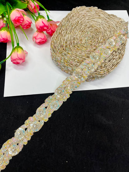Handmade Cutdana Pipe Work Lace for Sarees, Lehengas, Dresses & Dupattas – Premium Handcrafted Embellished Lace Border (1 Inch) | DC1040 | Light Multi