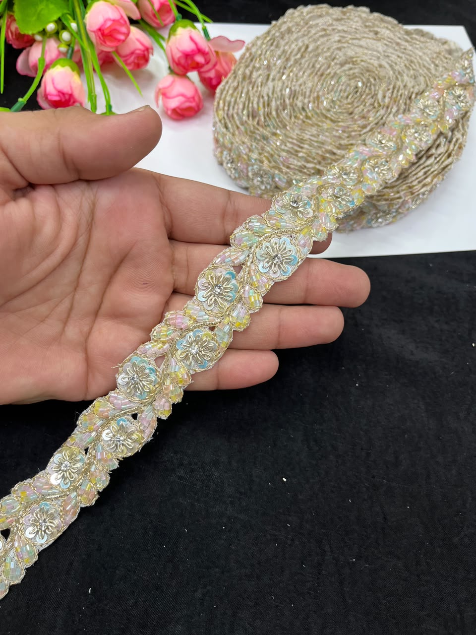 Handmade Cutdana Pipe Work Lace for Sarees, Lehengas, Dresses & Dupattas – Premium Handcrafted Embellished Lace Border (1 Inch) | DC1040 | Light Multi