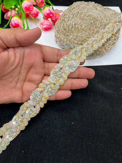 Handmade Cutdana Pipe Work Lace for Sarees, Lehengas, Dresses & Dupattas – Premium Handcrafted Embellished Lace Border (1 Inch) | DC1040 | Light Multi