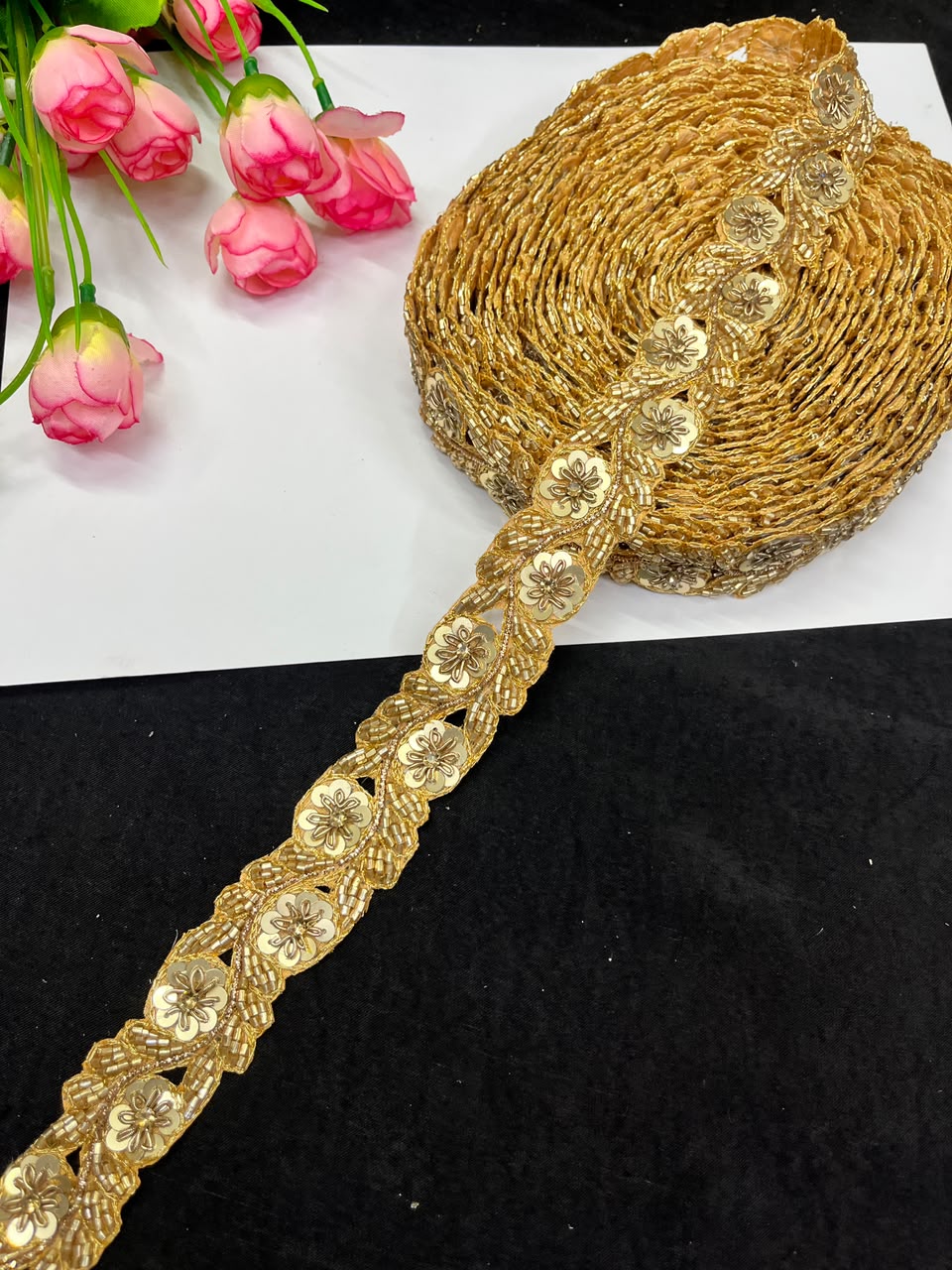 Handmade Cutdana Pipe Work Lace for Sarees, Lehengas, Dresses & Dupattas – Premium Handcrafted Embellished Lace Border (1 Inch) | DC1040 | Copper