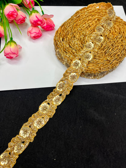 Handmade Cutdana Pipe Work Lace for Sarees, Lehengas, Dresses & Dupattas – Premium Handcrafted Embellished Lace Border (1 Inch) | DC1040 | Copper