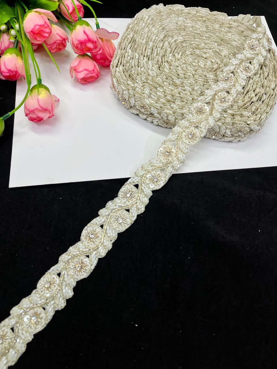 Handmade Cutdana Pipe Work Lace for Sarees, Lehengas, Dresses & Dupattas – Premium Handcrafted Embellished Lace Border (1 Inch) | DC1040 | Cream