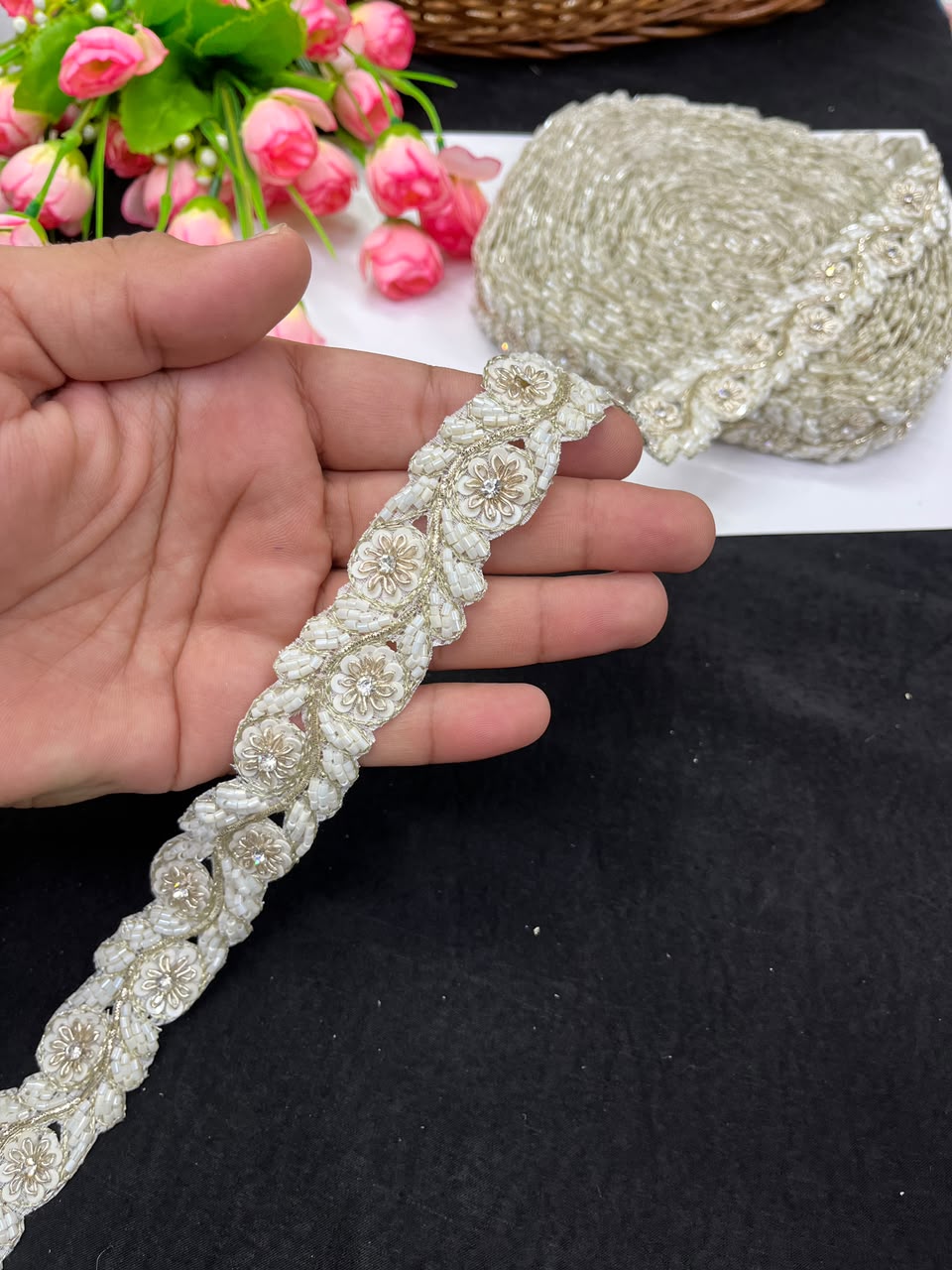 Handmade Cutdana Pipe Work Lace for Sarees, Lehengas, Dresses & Dupattas – Premium Handcrafted Embellished Lace Border (1 Inch) | DC1040 | Cream