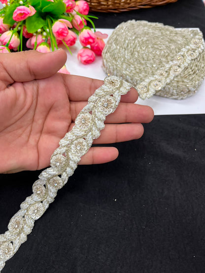 Handmade Cutdana Pipe Work Lace for Sarees, Lehengas, Dresses & Dupattas – Premium Handcrafted Embellished Lace Border (1 Inch) | DC1040 | Cream
