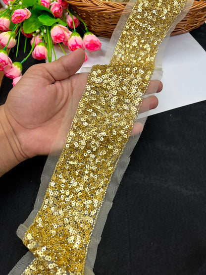 Beautiful Sequence Embroidered Lace for Sarees, Dresses, Lehengas & Dupattas – Designer Gold Embroidery Lace Border (3 Inch) | DC1037 | Gold