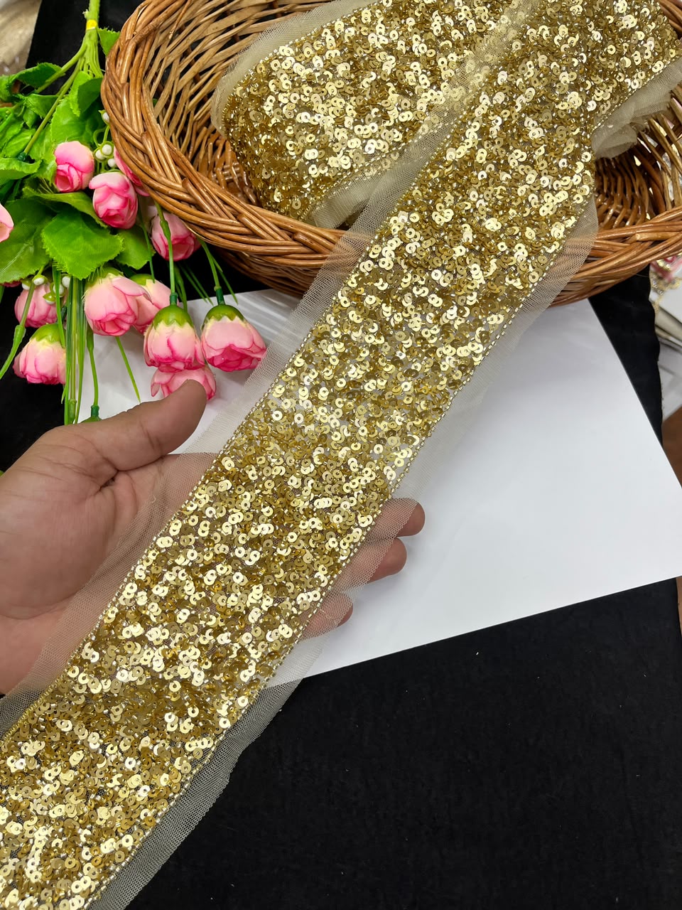 Beautiful Sequence Embroidered Lace for Sarees, Dresses, Lehengas & Dupattas – Designer Gold Embroidery Lace Border (3 Inch) | DC1037 | Gold