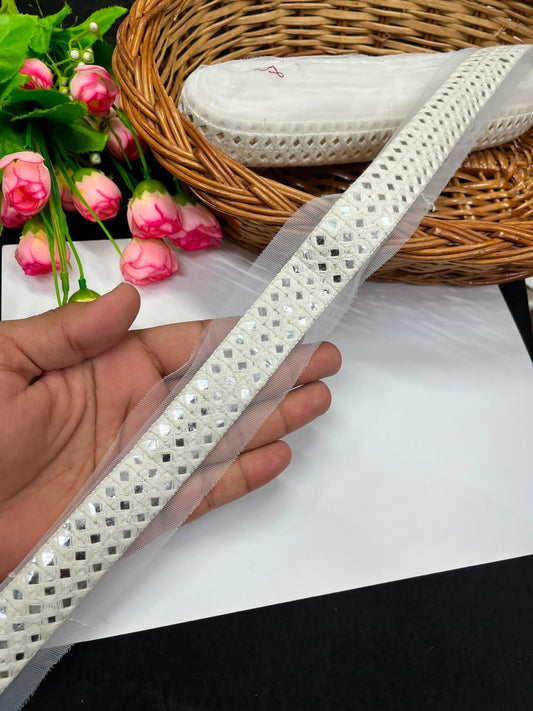 Dyeable White Mirror Work Lucknowi Lace for Sarees, Lehengas, Dresses & Dupattas – Designer Embroidered Lace (1.5 Inch) | DC1043 | White