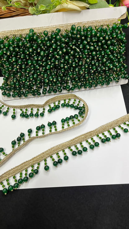 Crystal Latkan Lace for Blouses, Dupattas, Sarees & Lehengas – Designer Hanging Crystal Lace Border (1 Inch) | DC1064 | Green