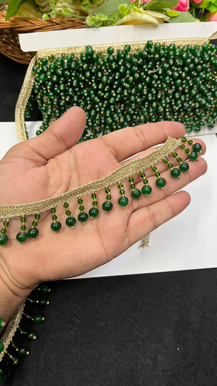 Crystal Latkan Lace for Blouses, Dupattas, Sarees & Lehengas – Designer Hanging Crystal Lace Border (1 Inch) | DC1064 | Green