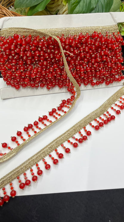 Crystal Latkan Lace for Blouses, Dupattas, Sarees & Lehengas – Designer Hanging Crystal Lace Border (1 Inch) | DC1064 | Red