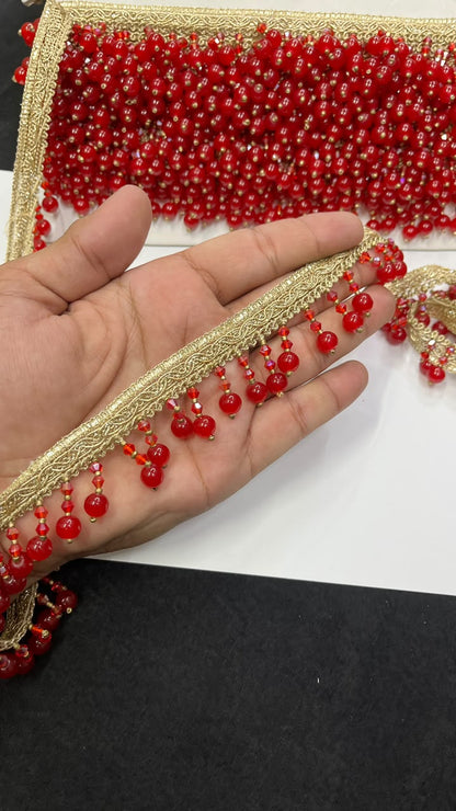 Crystal Latkan Lace for Blouses, Dupattas, Sarees & Lehengas – Designer Hanging Crystal Lace Border (1 Inch) | DC1064 | Red