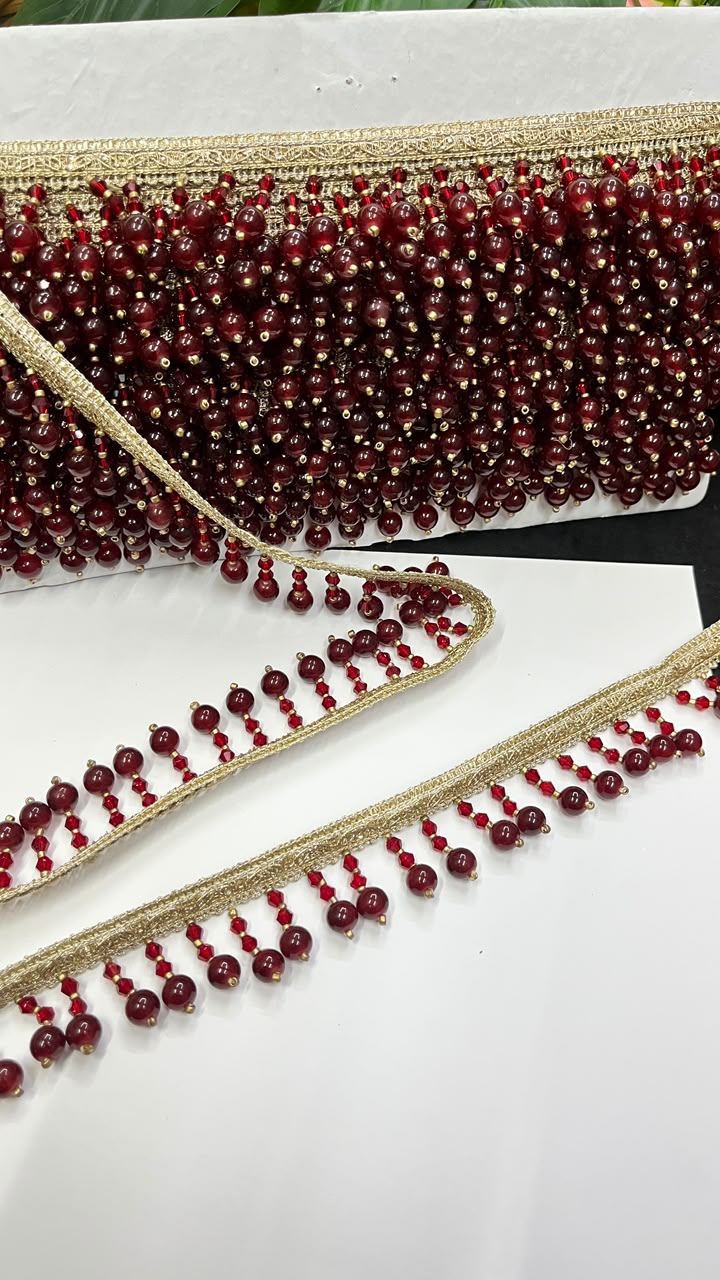 Crystal Latkan Lace for Blouses, Dupattas, Sarees & Lehengas – Designer Hanging Crystal Lace Border (1 Inch) | DC1064 | Maroon