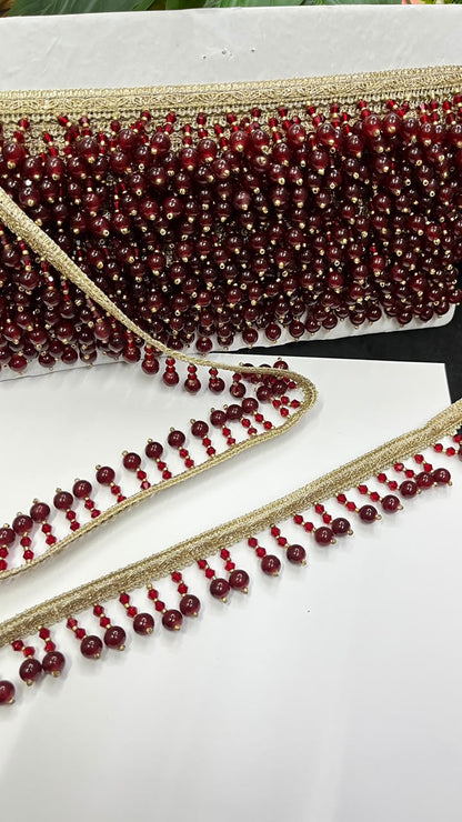 Crystal Latkan Lace for Blouses, Dupattas, Sarees & Lehengas – Designer Hanging Crystal Lace Border (1 Inch) | DC1064 | Maroon