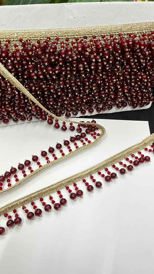 Crystal Latkan Lace for Blouses, Dupattas, Sarees & Lehengas – Designer Hanging Crystal Lace Border (1 Inch) | DC1064 | Maroon