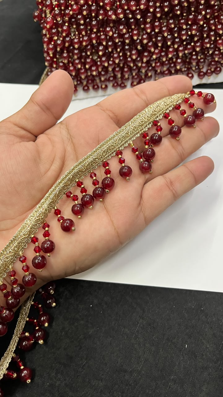 Crystal Latkan Lace for Blouses, Dupattas, Sarees & Lehengas – Designer Hanging Crystal Lace Border (1 Inch) | DC1064 | Maroon