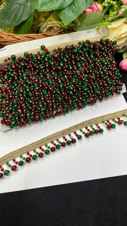Crystal Latkan Lace for Blouses, Dupattas, Sarees & Lehengas – Designer Hanging Crystal Lace Border (1 Inch) | DC1064 | Maroon with Green