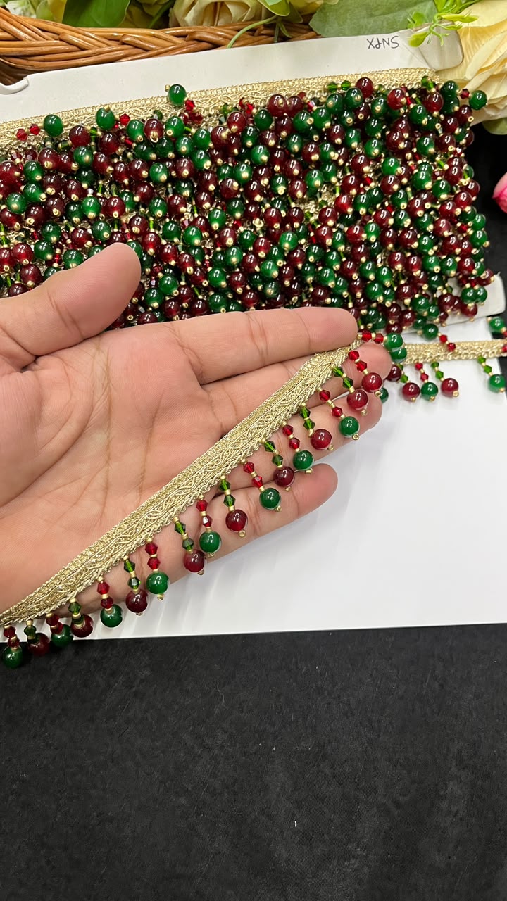 Crystal Latkan Lace for Blouses, Dupattas, Sarees & Lehengas – Designer Hanging Crystal Lace Border (1 Inch) | DC1064 | Maroon with Green