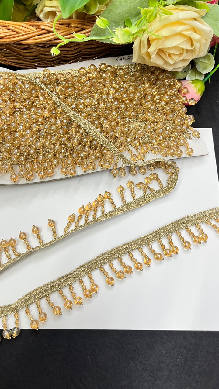 Crystal Latkan Lace for Blouses, Dupattas, Sarees & Lehengas – Designer Hanging Crystal Lace Border (1 Inch) | DC1064 | Golden