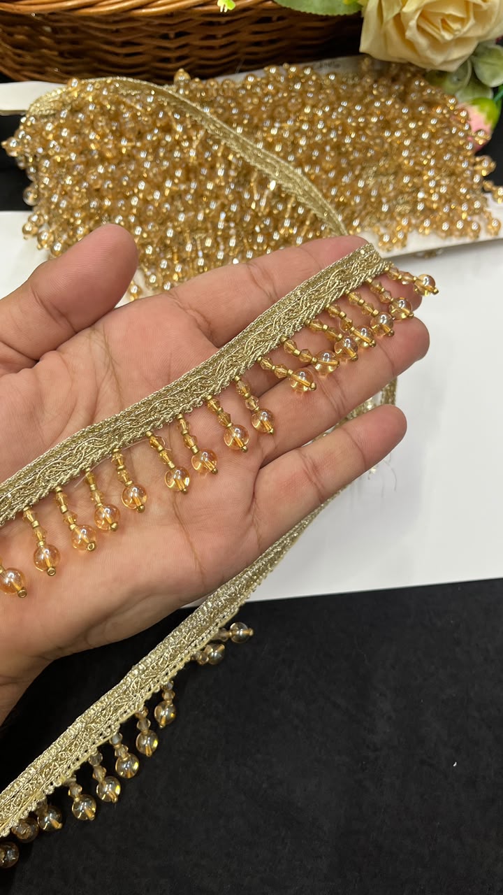 Crystal Latkan Lace for Blouses, Dupattas, Sarees & Lehengas – Designer Hanging Crystal Lace Border (1 Inch) | DC1064 | Golden