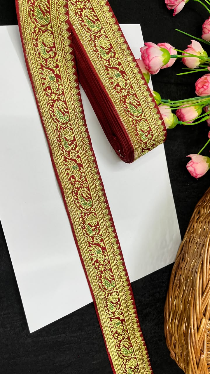 Beautiful Banarasi Lace for Sarees, Lehengas, Dupattas & Blouses – Designer Traditional Banarasi Lace Border (2 Inch) | DC1068 | Maroon