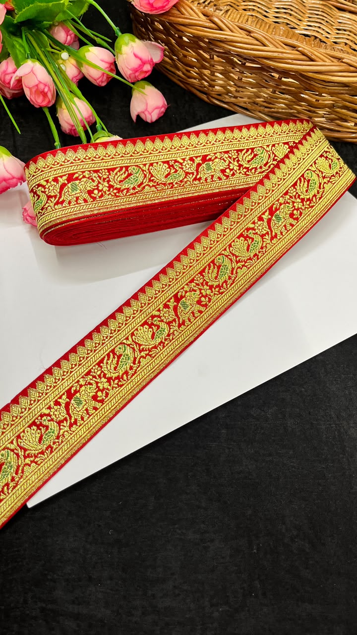Beautiful Banarasi Lace for Sarees, Lehengas, Dupattas & Blouses – Designer Traditional Banarasi Lace Border (2 Inch) | DC1068 | Red