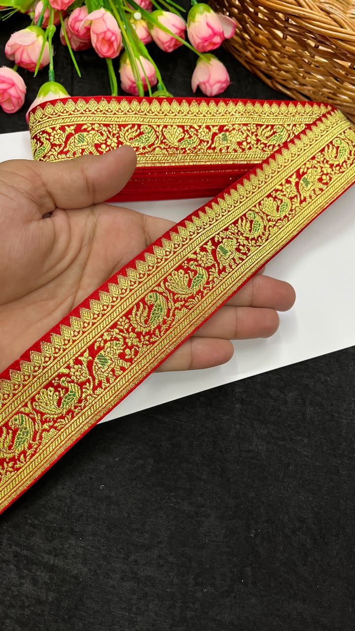 Beautiful Banarasi Lace for Sarees, Lehengas, Dupattas & Blouses – Designer Traditional Banarasi Lace Border (2 Inch) | DC1068 | Red