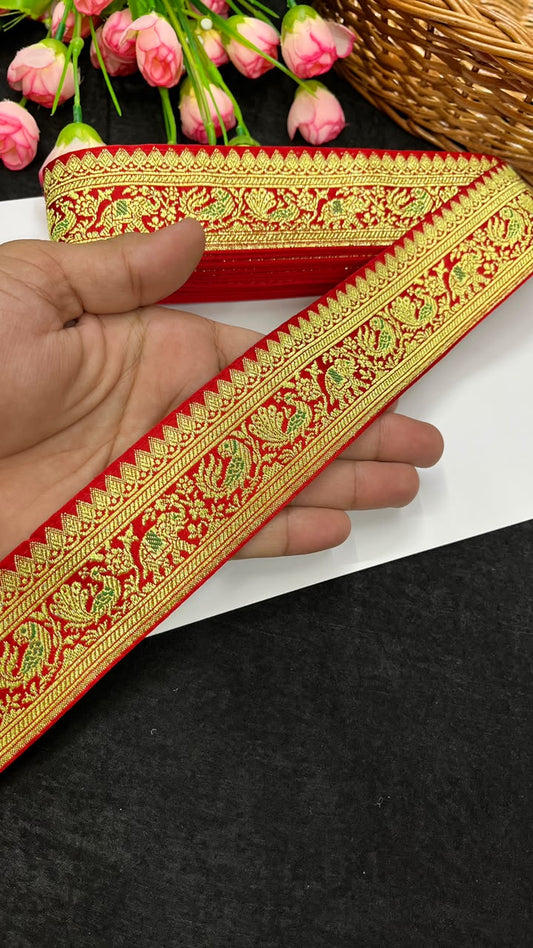 Beautiful Banarasi Lace for Sarees, Lehengas, Dupattas & Blouses – Designer Traditional Banarasi Lace Border (2 Inch) | DC1068 | Red