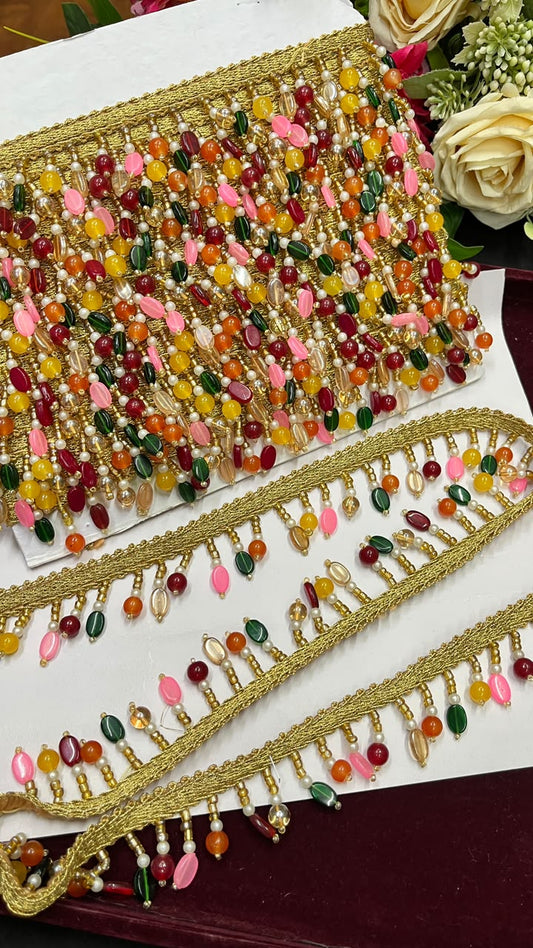 Multicoloured Glass Bead Hanging Latkan Lace for Sarees, Lehengas, Dupattas & Blouses – Designer Beaded Lace Border (1.5 Inch) | DC1082 | Multi