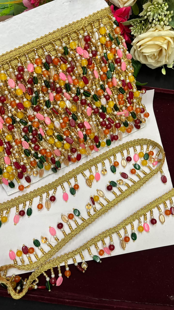 Multicoloured Glass Bead Hanging Latkan Lace for Sarees, Lehengas, Dupattas & Blouses – Designer Beaded Lace Border (1.5 Inch) | DC1082 | Multi