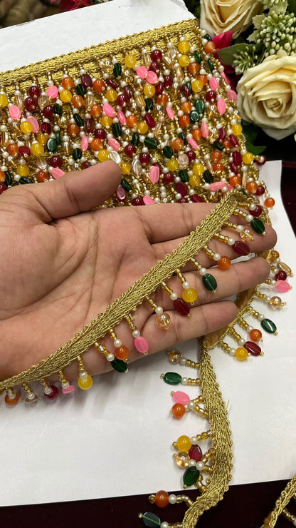 Multicoloured Glass Bead Hanging Latkan Lace for Sarees, Lehengas, Dupattas & Blouses – Designer Beaded Lace Border (1.5 Inch) | DC1082 | Multi