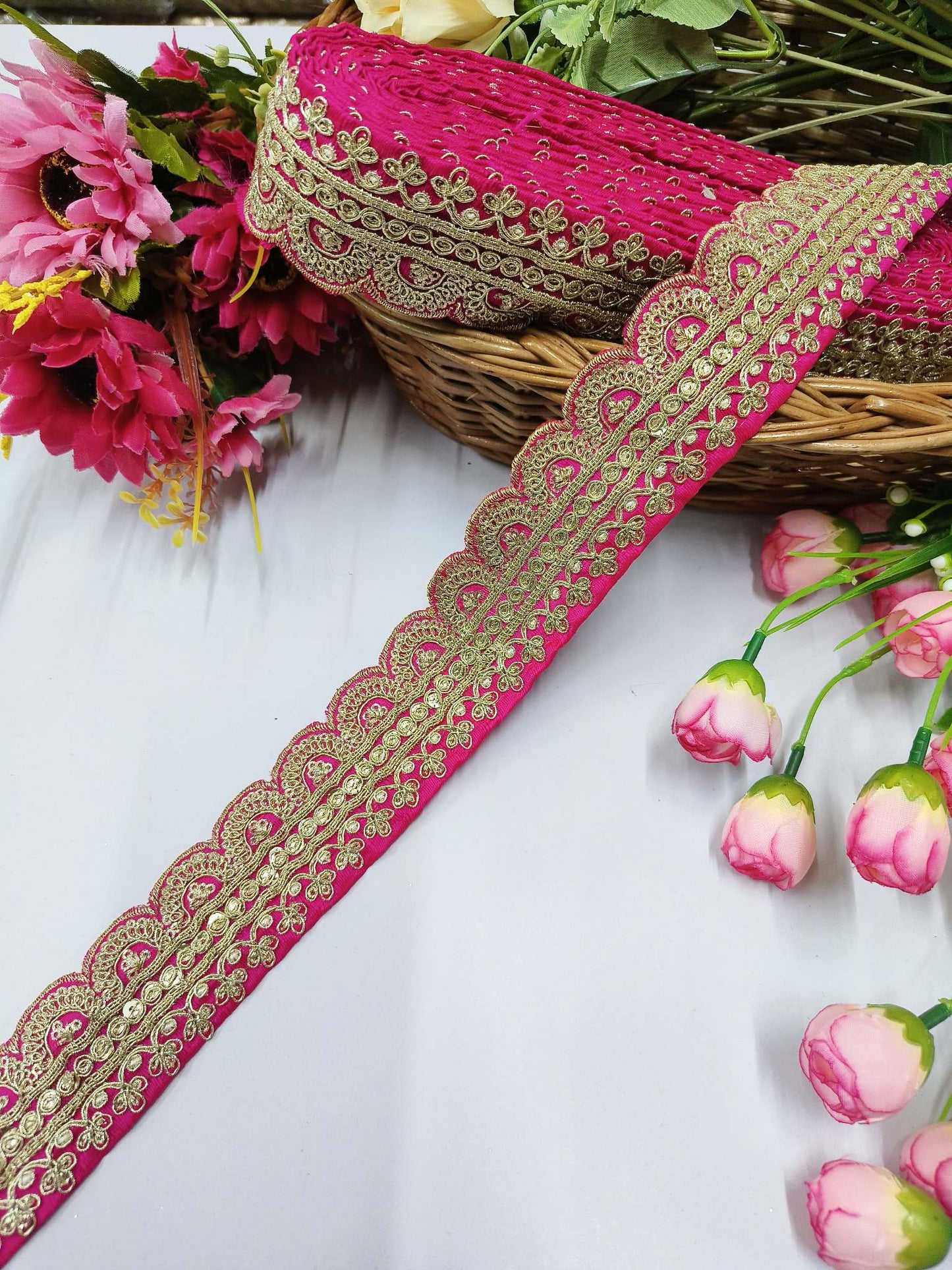 Embroidery Laces Saree Dupattas Borders – Premium Quality, Intricate Embellishments for Sarees, Lehengas, Bridal Couture, and Luxury Home Decor - Maharani Pink