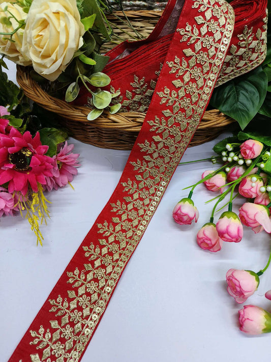 Beutiful Zari Work Embroidery Laces Dupattas Borders – Premium Quality, Intricate Embellishments for Sarees, Lehengas, Bridal Couture, and Luxury Home Decor - Red