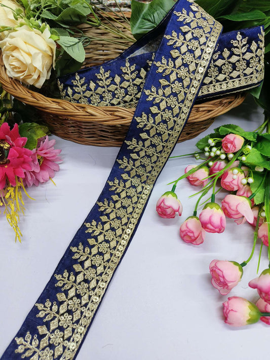 Beutiful Zari Work Embroidery Laces Dupattas Borders – Premium Quality, Intricate Embellishments for Sarees, Lehengas, Bridal Couture, and Luxury Home Decor - Navy Blue