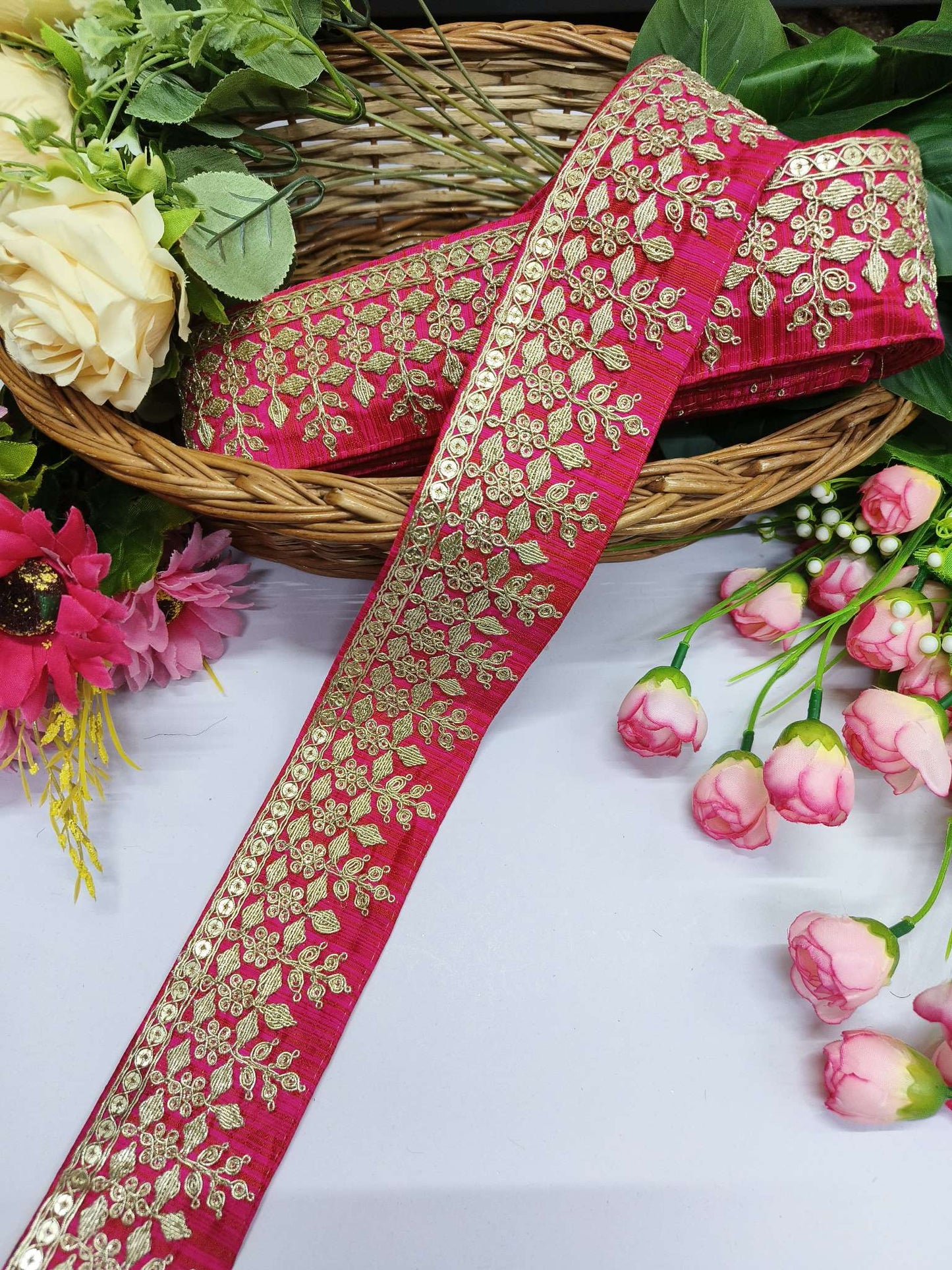 Beutiful Zari Work Embroidery Laces Dupattas Borders – Premium Quality, Intricate Embellishments for Sarees, Lehengas, Bridal Couture, and Luxury Home Decor - Maharani Pink