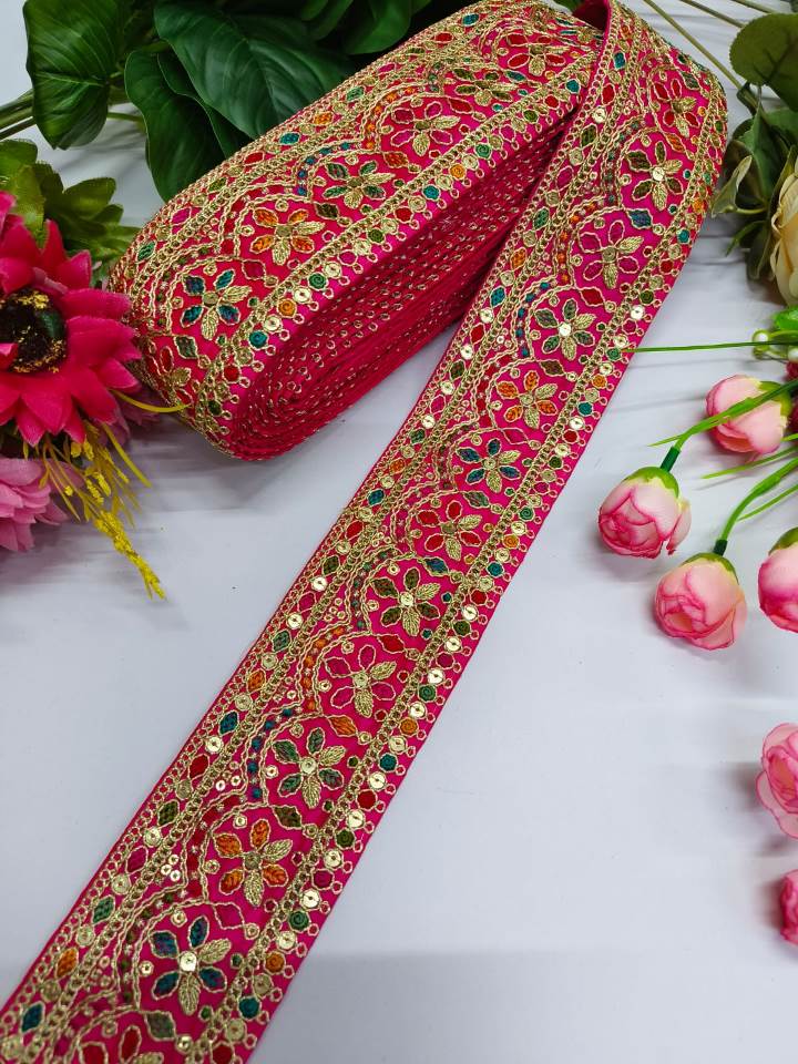 Embroidery Zari Work With Multi Thared Sabhyasachi Laces Saree Dupattas Borders – Premium Quality for Sarees, Lehengas, Dresses and Crafts Decoration - Rani Pink With Multi