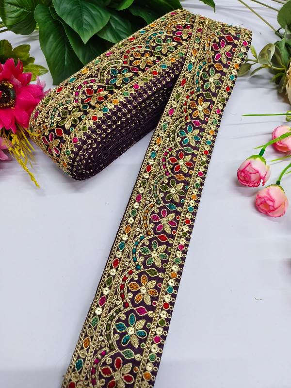 Embroidery Zari Work With Multi Thared Sabhyasachi Laces Saree Dupattas Borders – Premium Quality for Sarees, Lehengas, Dresses and Crafts Decoration - Wine With Multi