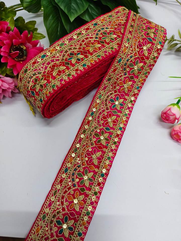 Embroidery Zari Work With Multi Thared Sabhyasachi Laces Saree Dupattas Borders – Premium Quality for Sarees, Lehengas, Dresses and Crafts Decoration - Maharani Pink With Multi