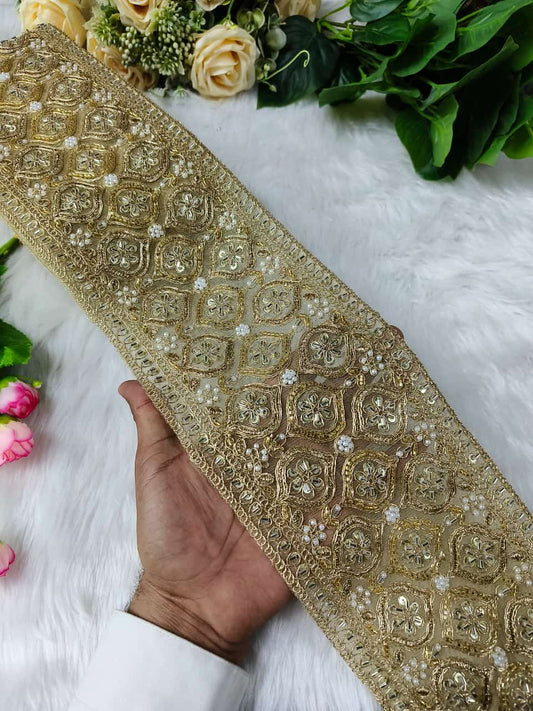 New Cutdana Maggam Work Lace Parl with Cutdana – Premium Quality, Intricate Embellishments for Sarees, Lehengas, Bridal Couture, and Luxury Home Decor - Gold