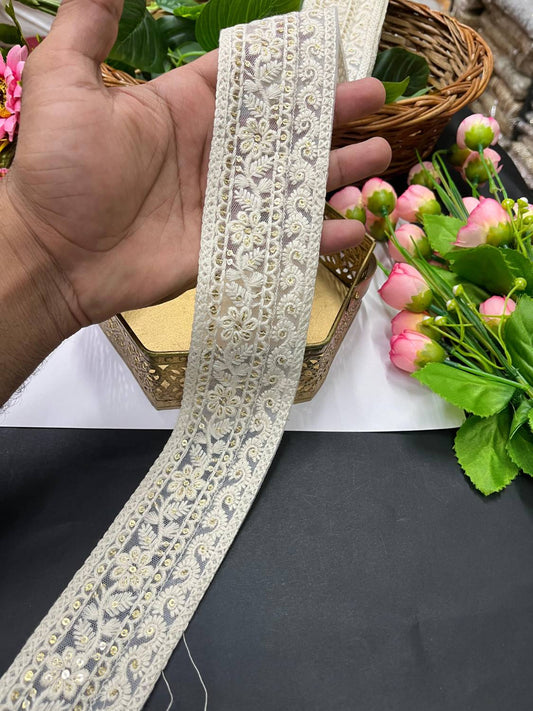 Dyble Cotton Lucknowi Chikankari Lace – Decorative Lace for Sarees, Dupattas, and Dresses (9 mtr, 2 inch) | White