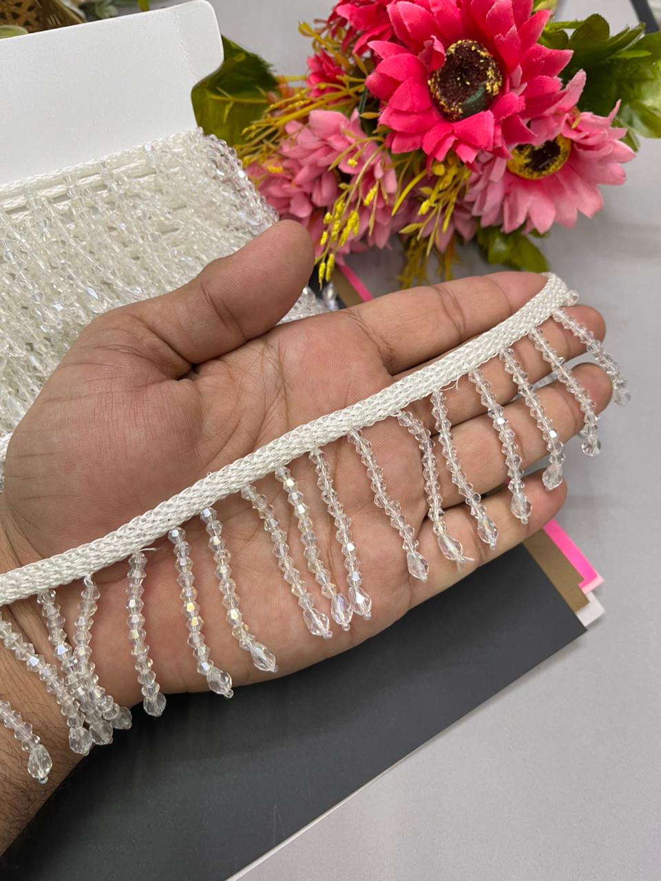 Handmade Crystal Hanging Lace Trim – Designer Crystal Tassel Latkan Lace Border for Sarees, Dupattas & Lehengas (9 Meter, 2 Inch Width) | White