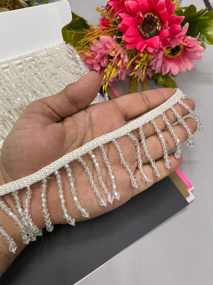 Handmade Crystal Hanging Lace Trim – Designer Crystal Tassel Latkan Lace Border for Sarees, Dupattas & Lehengas (9 Meter, 2 Inch Width) | White