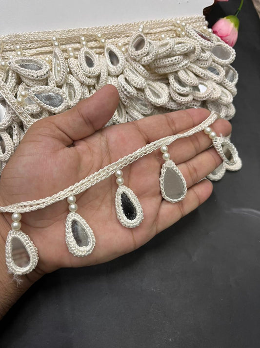 Crochet Mirror Hanging Laces – Handmade Latkan Border Trim for Sarees, Dupattas & Ethnic Wear (9 Meter) | White